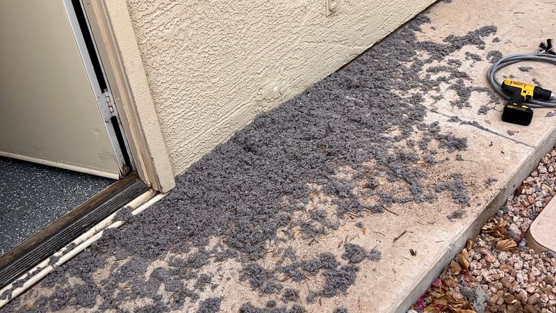 A long trail of gray lint across the concrete along the side of a house, next to an open garage door